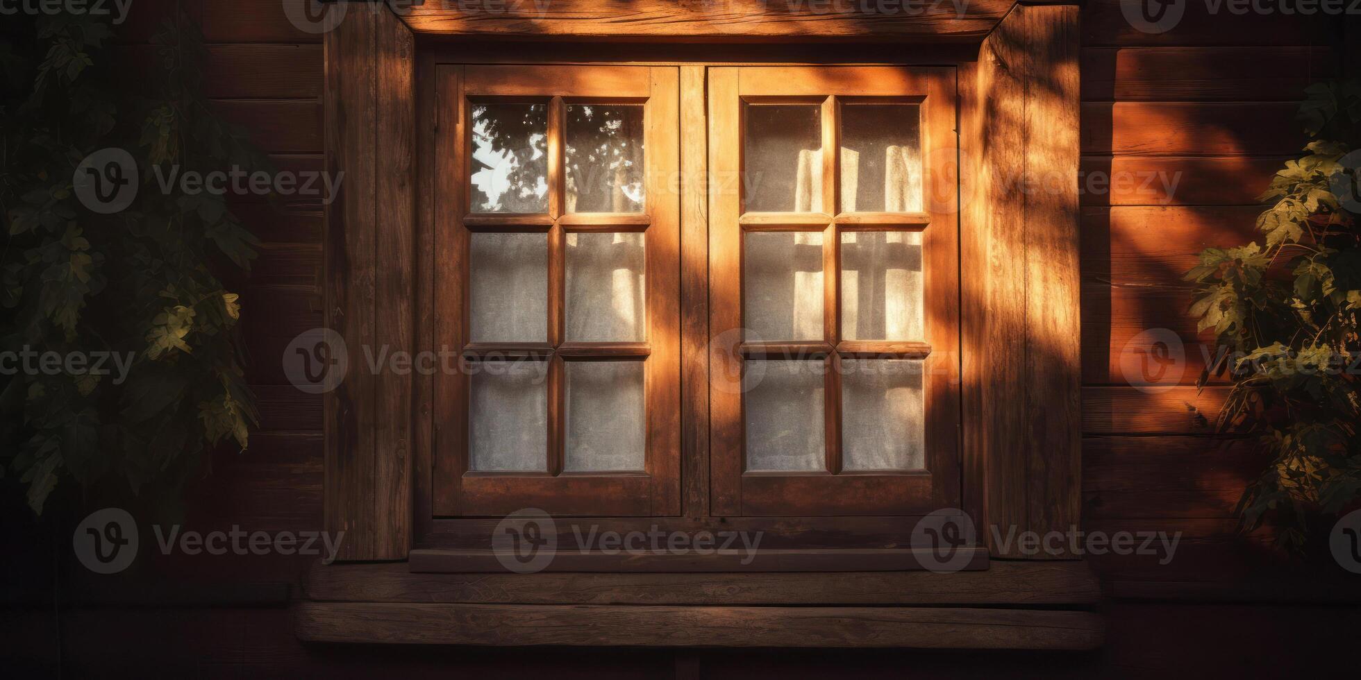 Warm Evening Glow On Wooden Window Pane Of Countryside House. Cozy Rustic Forest Cabin. photo