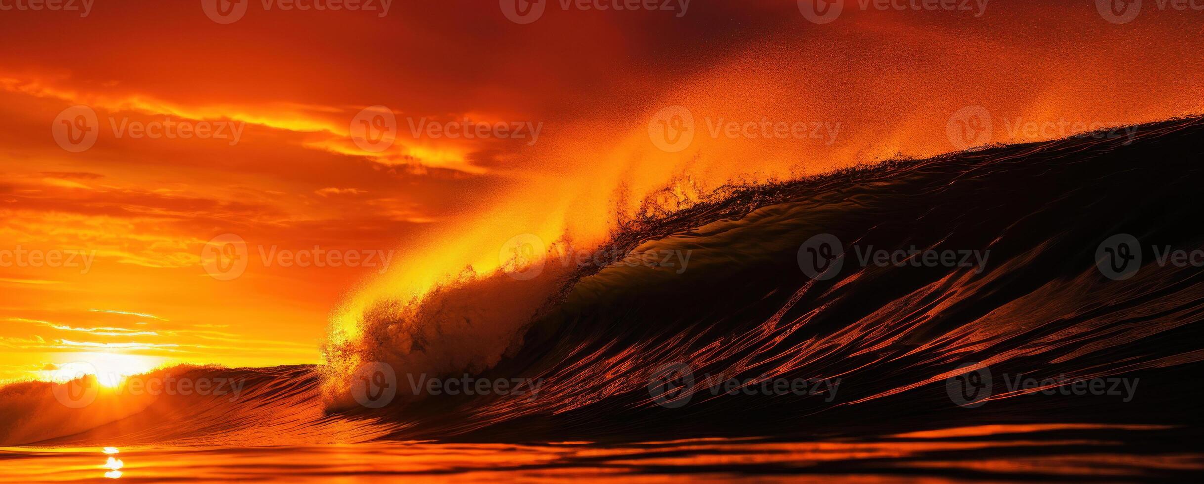 Ocean Wave at Sunset with Orange Sky. Powerful Surfing Wave. photo