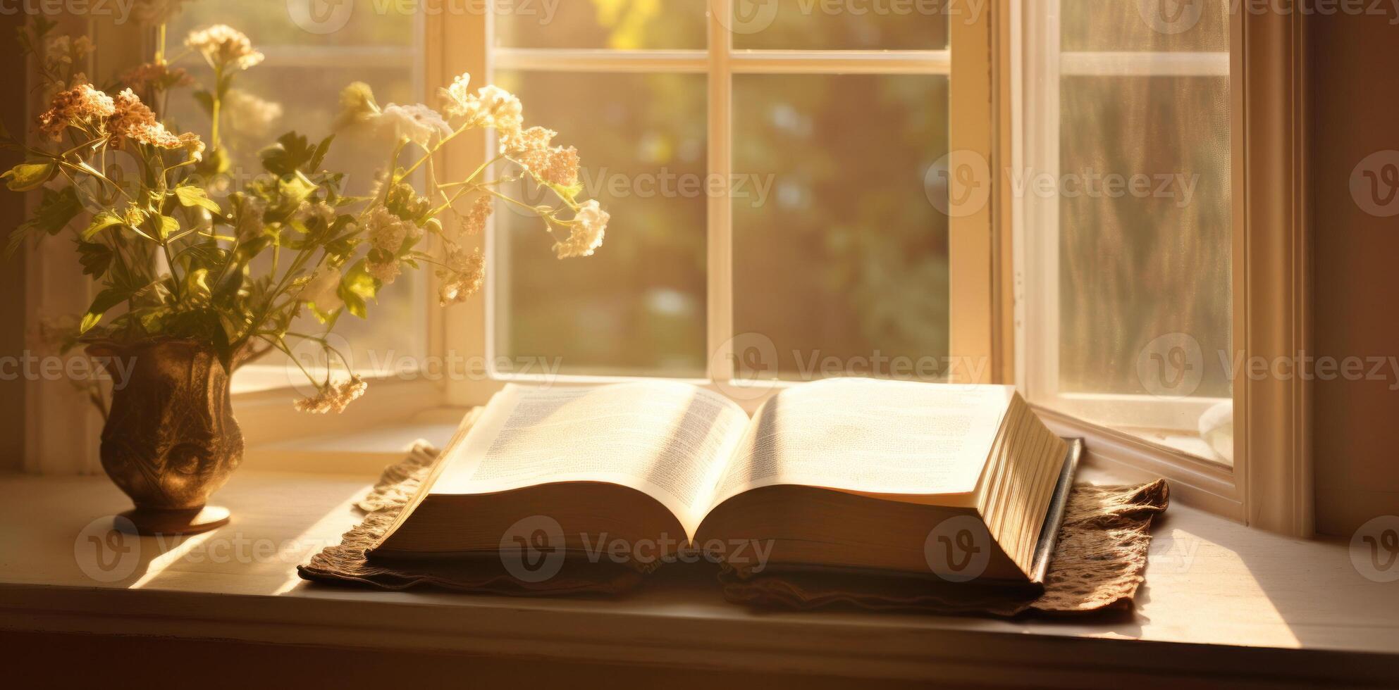 Cozy Reading Corner With Sunlight On Open Book And Vintage Vase. Reading Time By Window With Flowers. photo