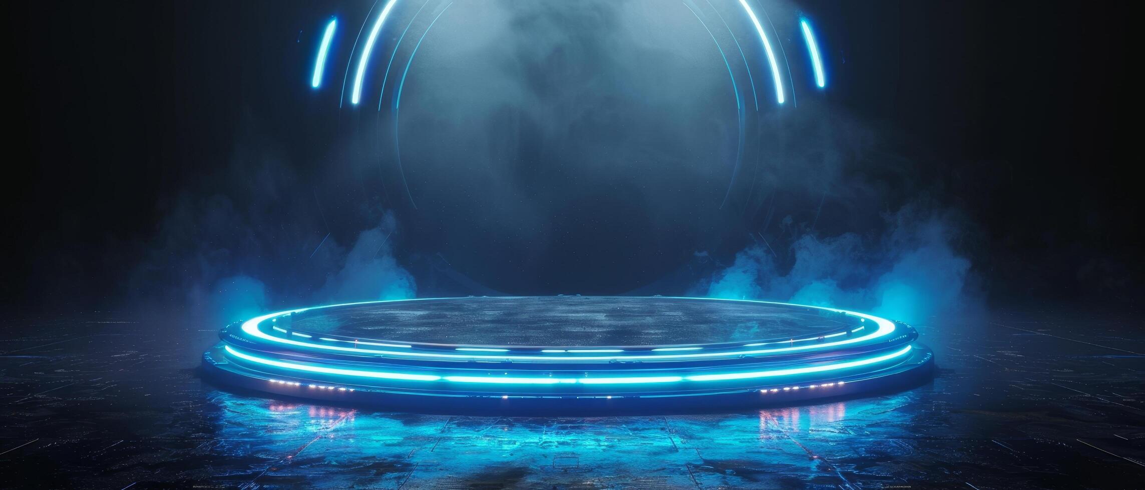 A blue, glowing, circular stage with a foggy atmosphere by image photo