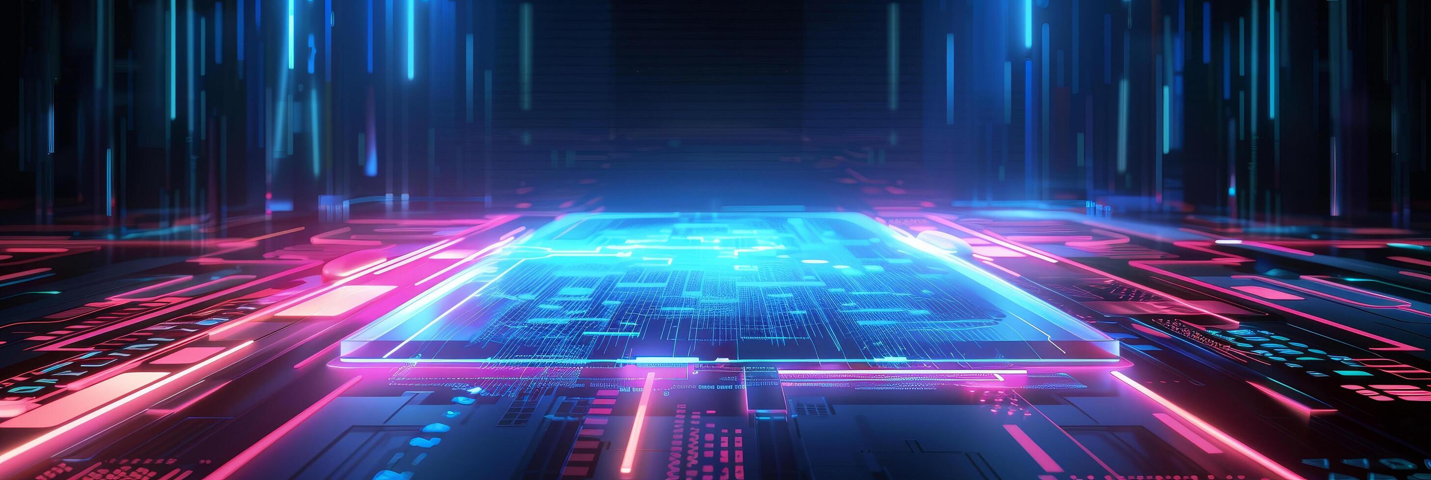 A computer chip is lit up in neon colors by image photo
