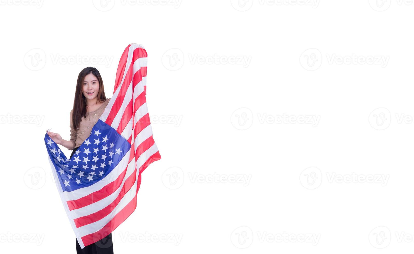 Portrait of a young woman holding USA flag with white background photo