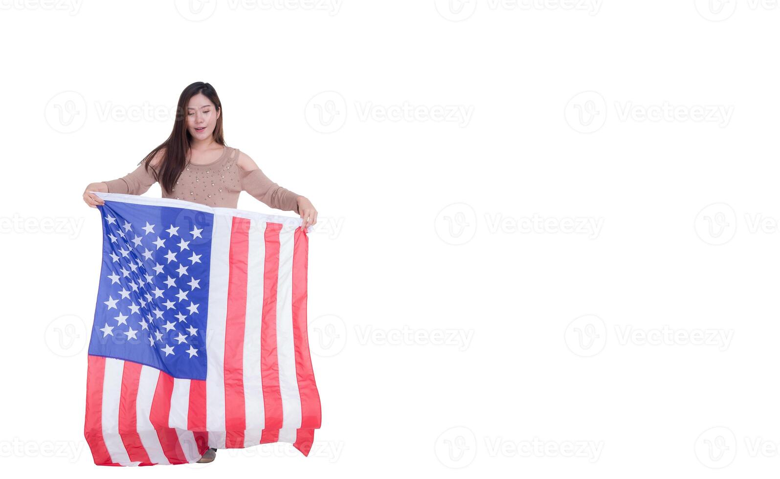 Portrait of a young woman holding USA flag with white background photo