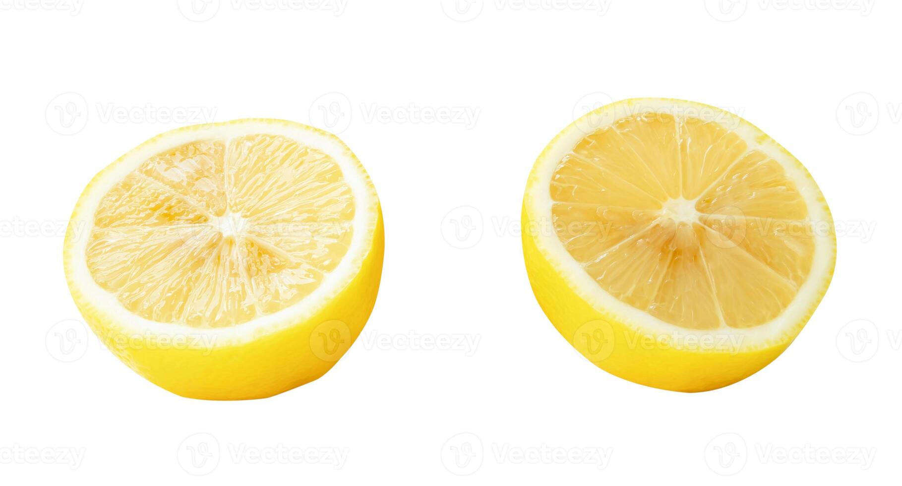 Side view set of fresh yellow lemon halves isolated on white background with clipping path photo
