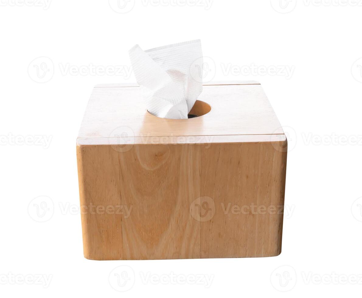 Brown wooden tissue paper box isolated on white background with clipping path photo