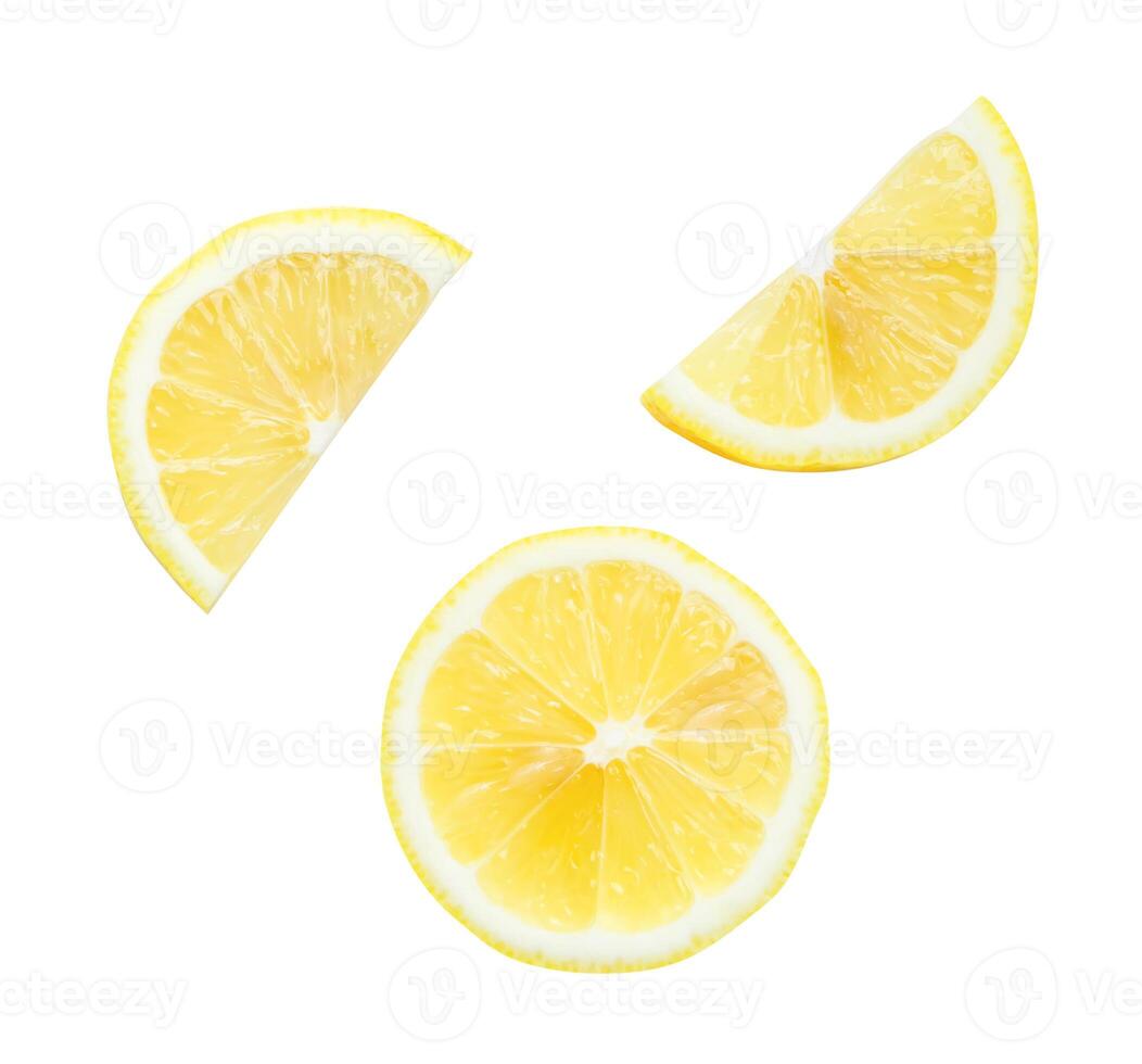 Top view set of fresh yellow lemon slices and halves scattering isolated on white background with clipping path photo