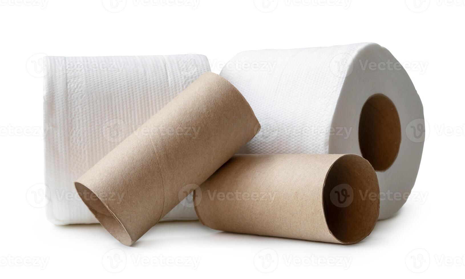 Two rolls of white tissue paper or napkin prepared for use in toilet or restroom with cores in stack isolated on white background with clipping path photo