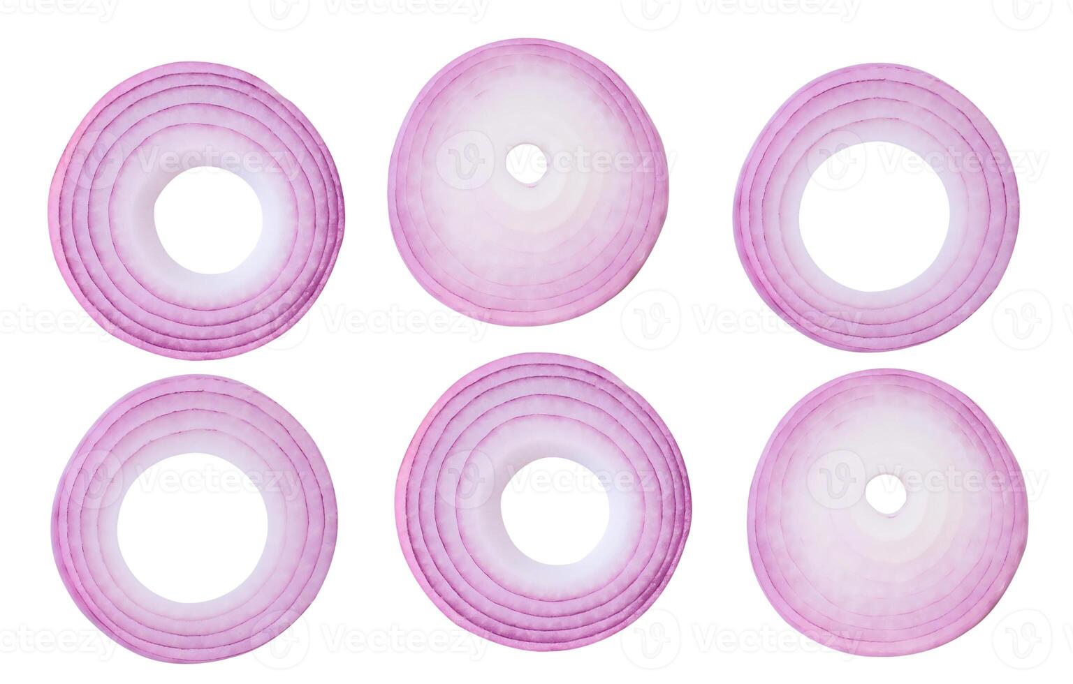 Top view set of red or purple onion slices or onion rings isolated on white background with clipping path photo