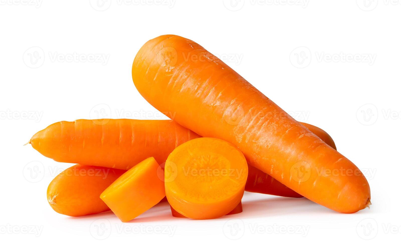 Front view and side view of fresh beautiful orange carrots with slices or pieces in stack isolated on white background with clipping path photo