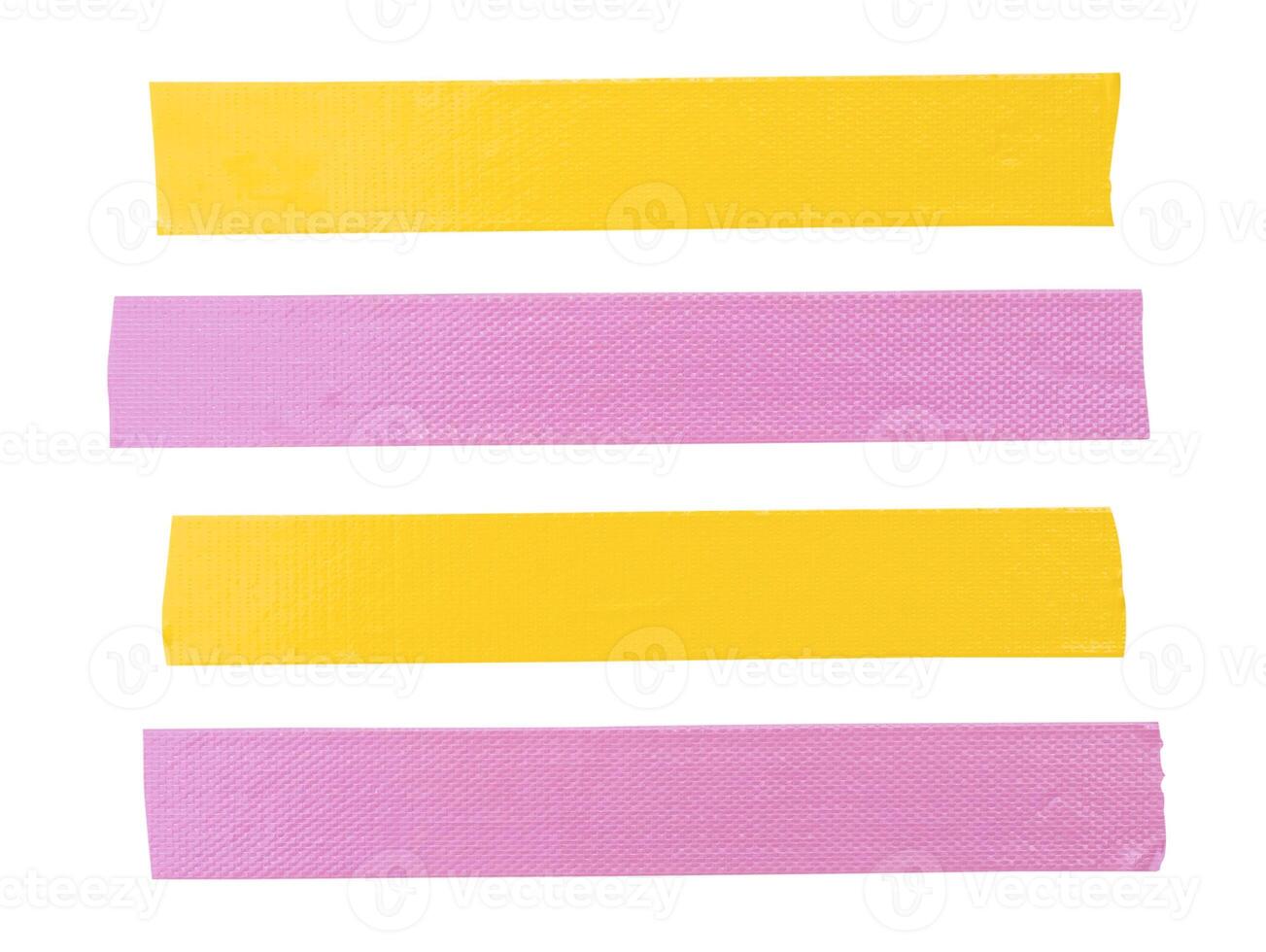 Top view set of pink and yellow adhesive vinyl tape or clothes tape in stripe shape isolated on white background with clipping path photo