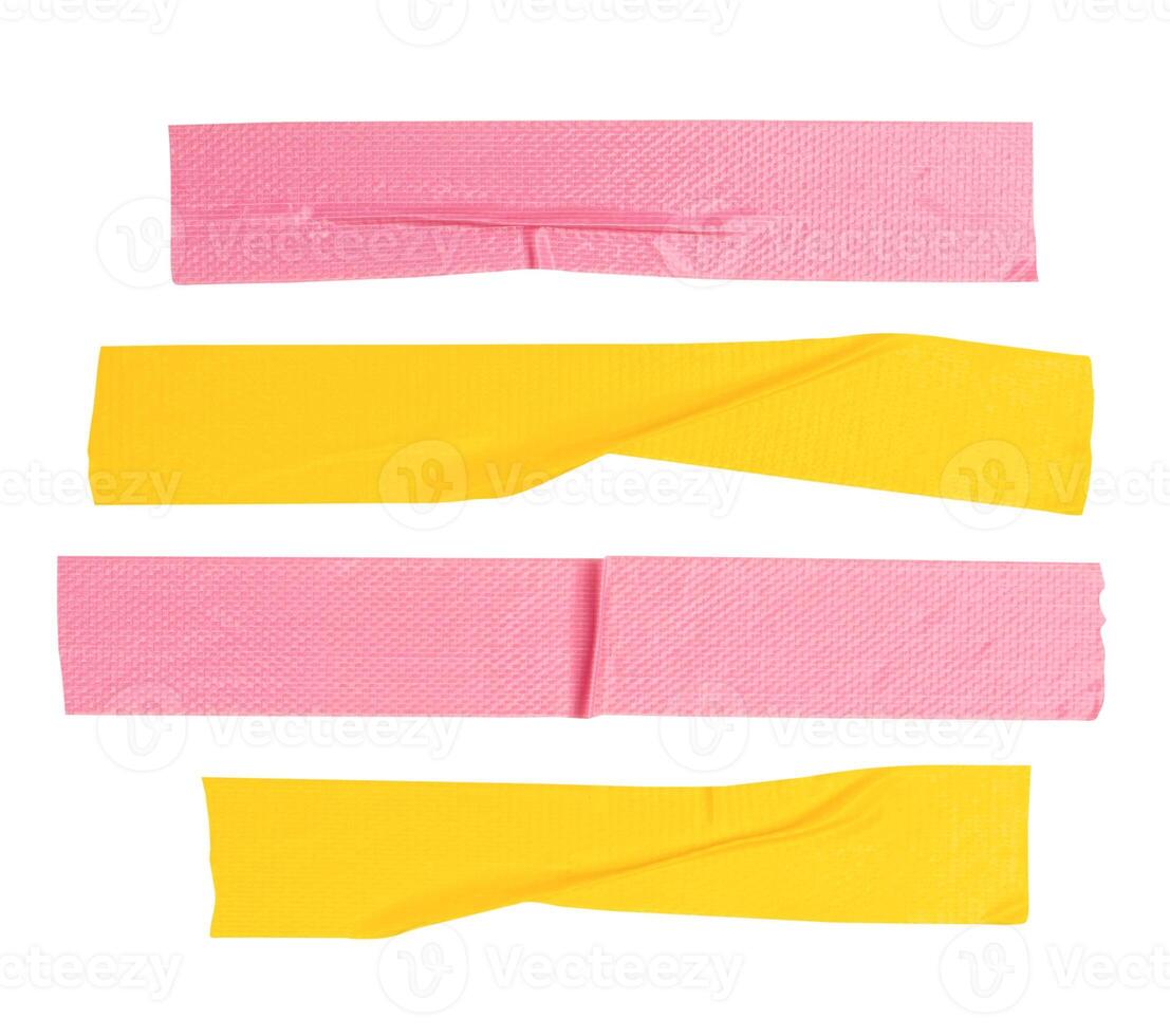 Top view set of yellow and pink adhesive vinyl tape or cloth tape in stripes shape isolated on white background with clipping path photo