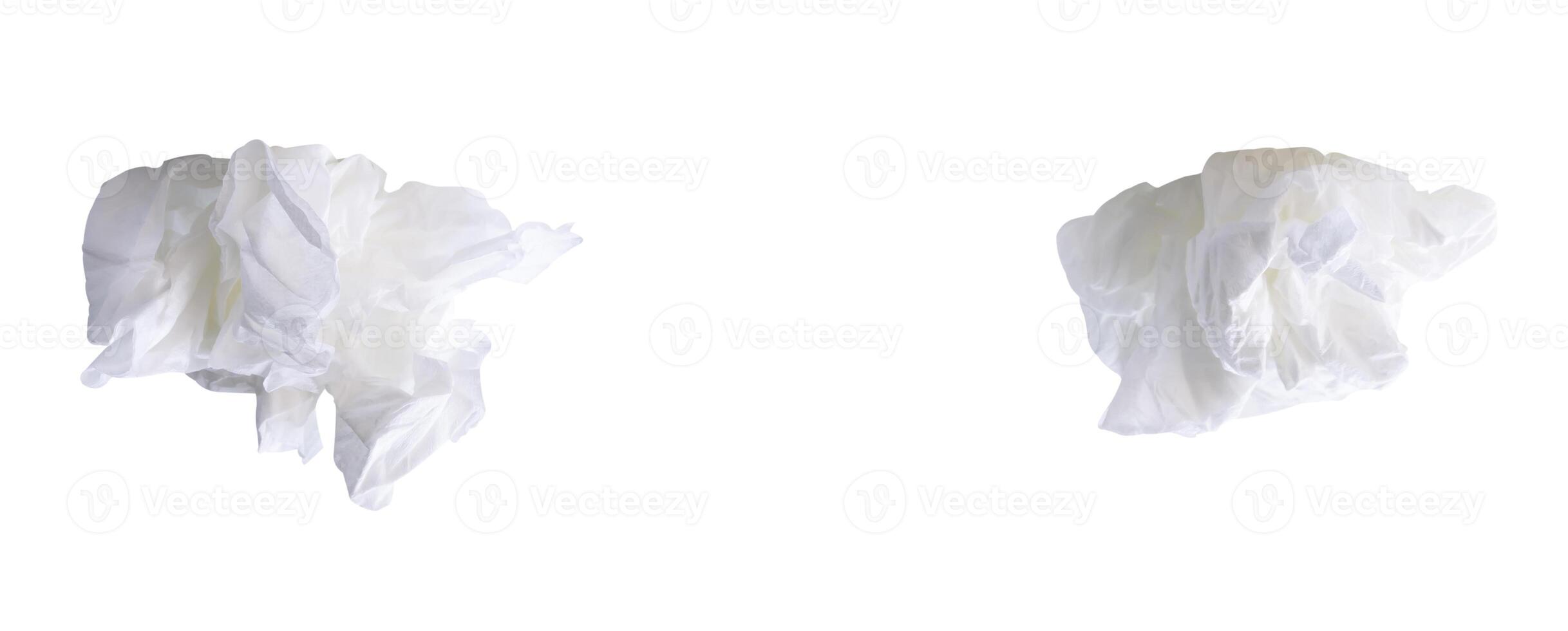 Top view set of screwed or crumpled tissue paper balls after use in toilet or restroom isolated on white background with clipping path photo