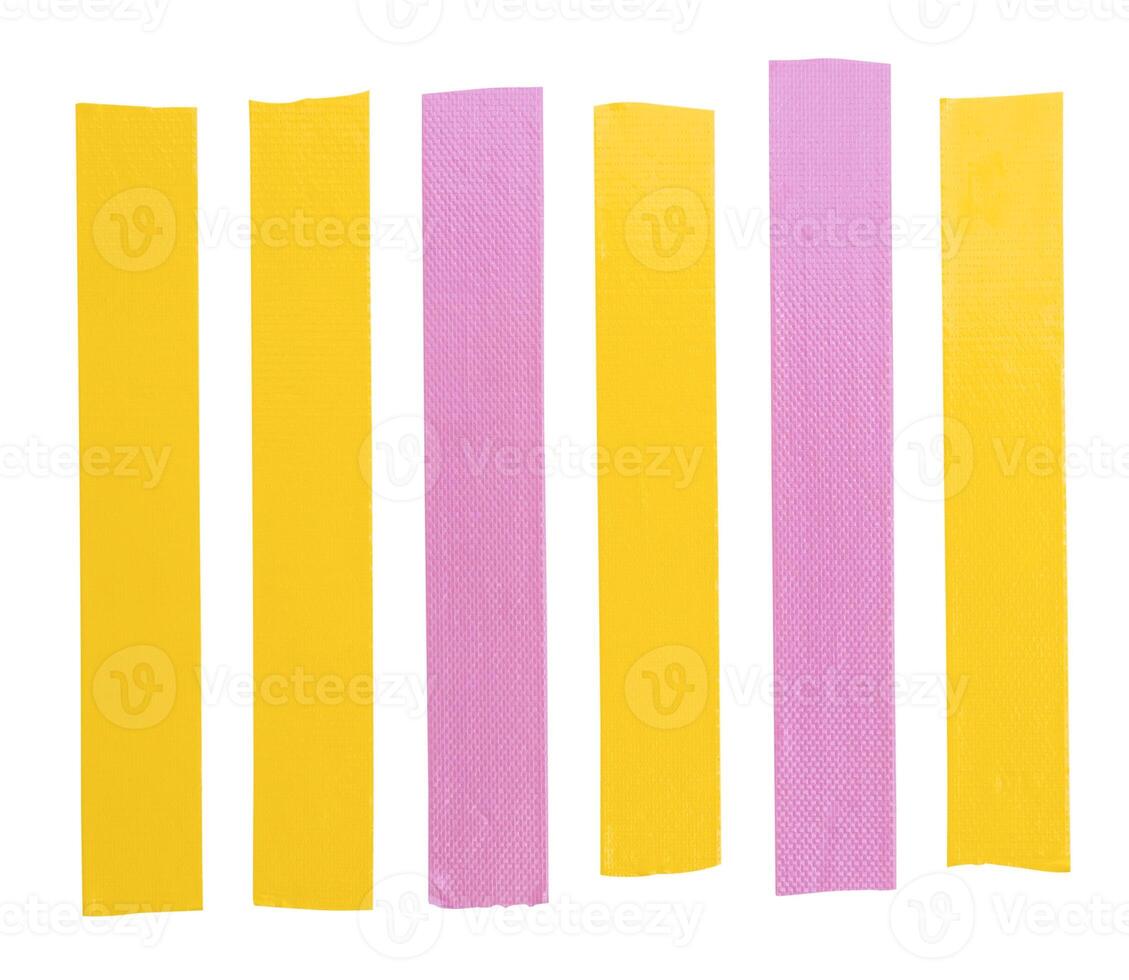 Top view set of pink and yellow adhesive vinyl tape or clothes tape in stripe shape isolated on white background with clipping path photo