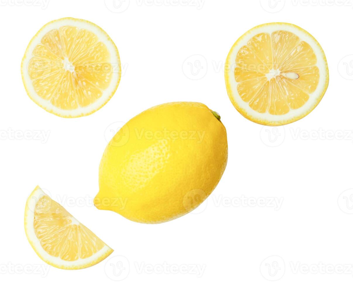 Top view set of beautiful yellow lemon fruit with halves and slices or quarters isolated on white background with clipping path photo