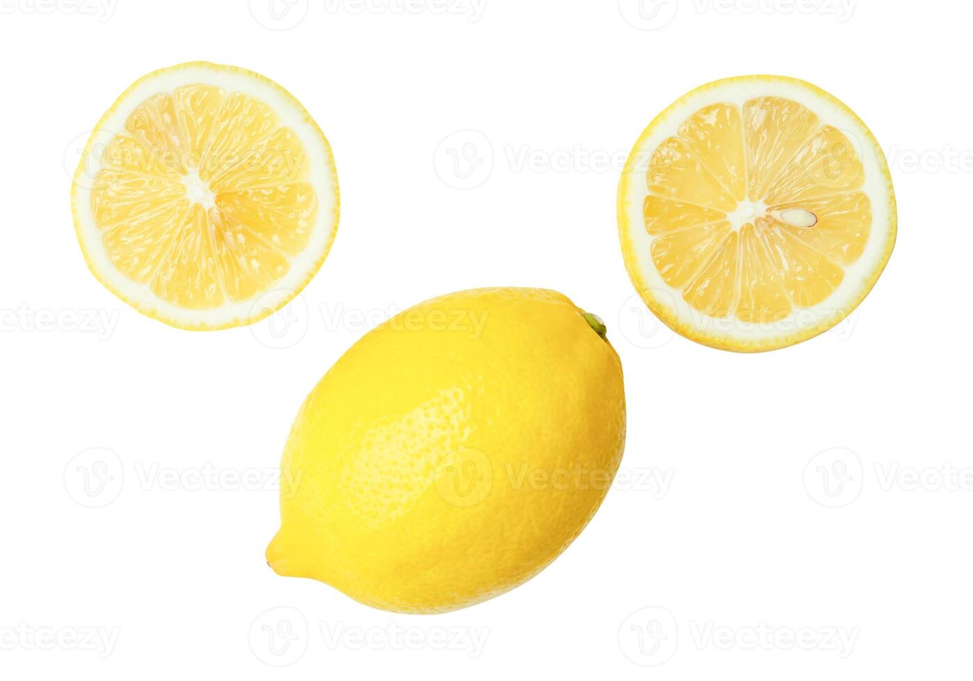 Top view set of beautiful yellow lemon fruit with half and slices or quarters isolated on white background with clipping path photo