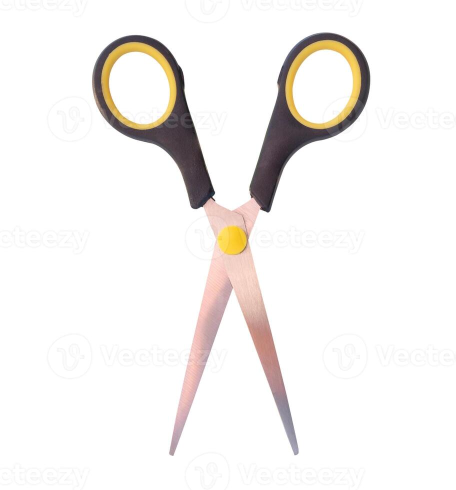 Top view of a pair of small multipurpose scissors with black handle isolated on white background with clipping path photo
