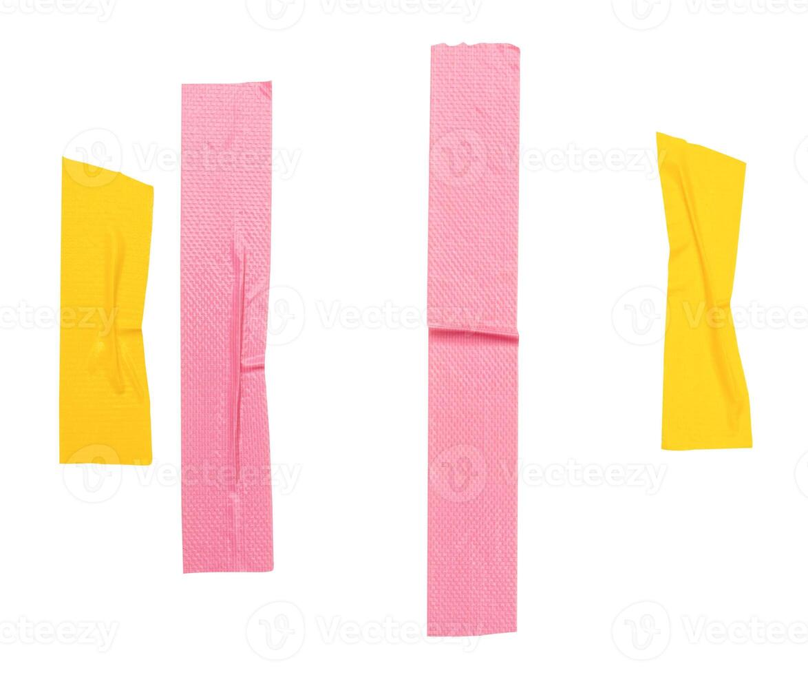 Top view set of wrinkled yellow and pink adhesive vinyl tape or cloth tape in stripes shape isolated on white background with clipping path photo