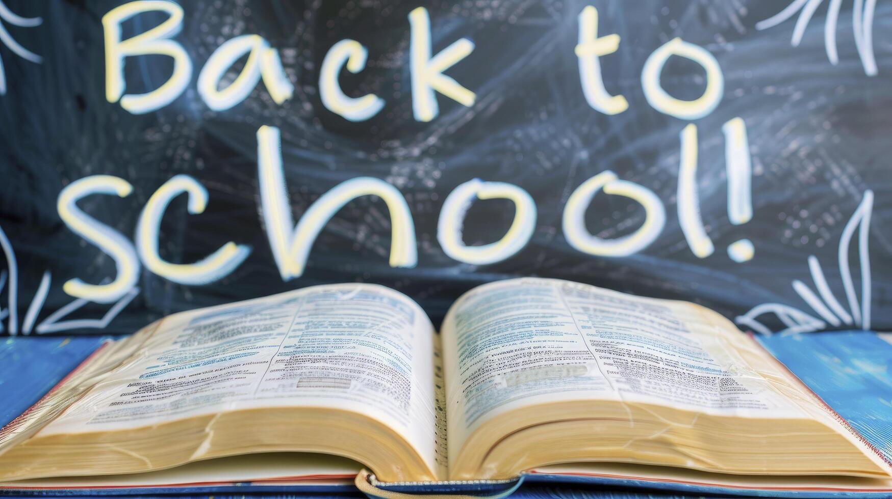 Open book in front blackboard, text Back to school on background photo
