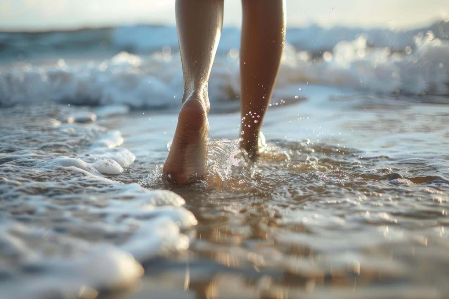 Close up of woman's feet walking on the beach, beautiful female legs in water at sea side photo