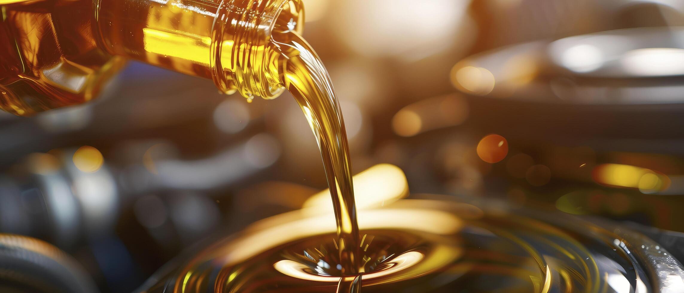 oil being poured from an oil container into the engine bay, blurred background with car parts in focus. photo