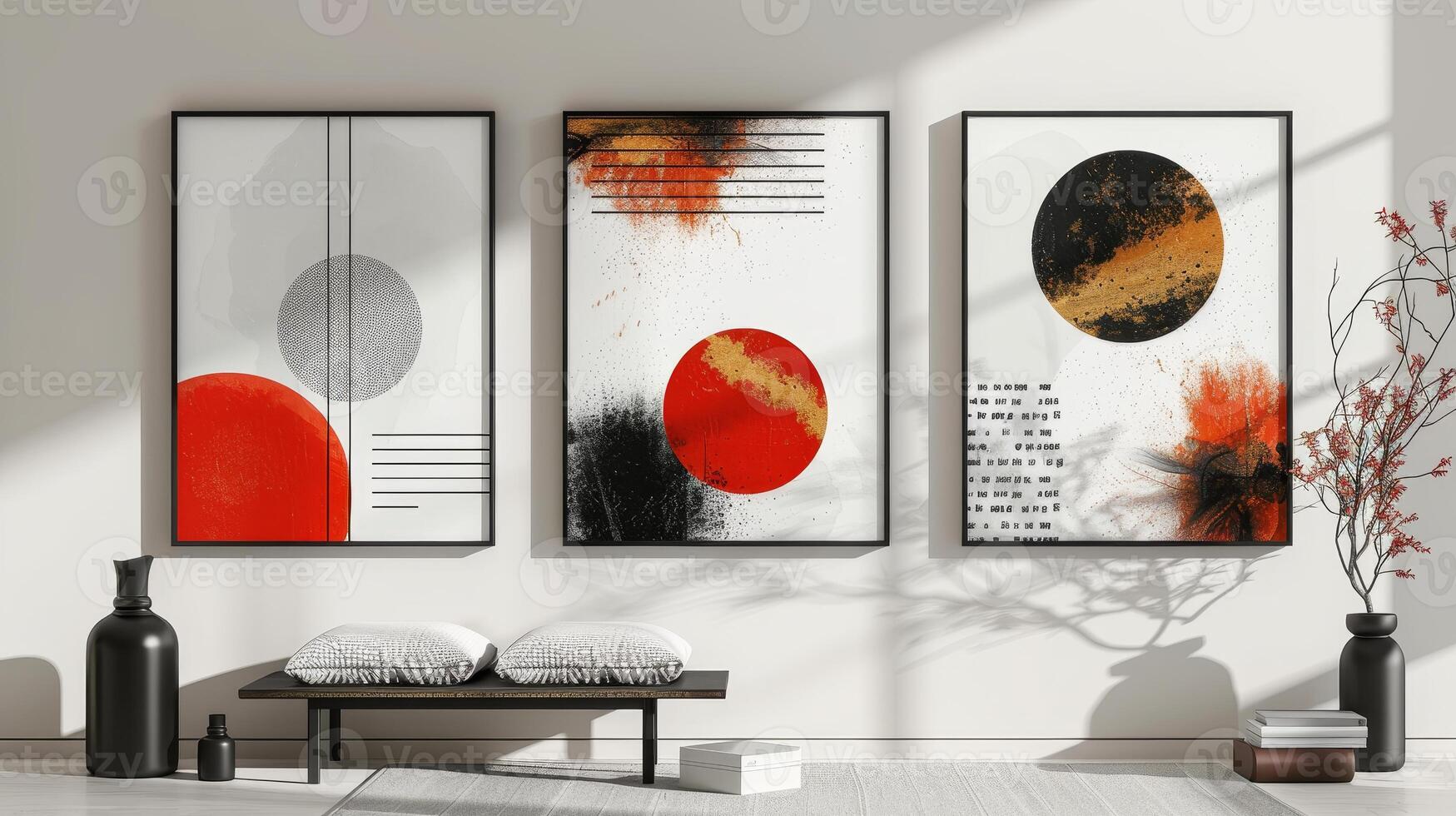 Three abstract paintings with red and black circles and white background photo