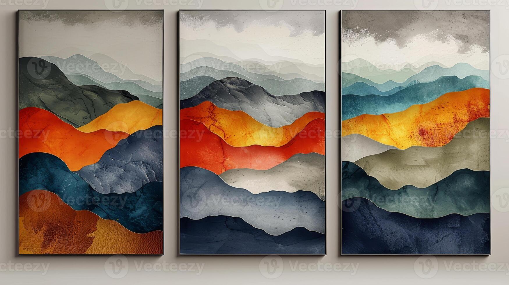 Three abstract paintings with red and black circles and white background photo