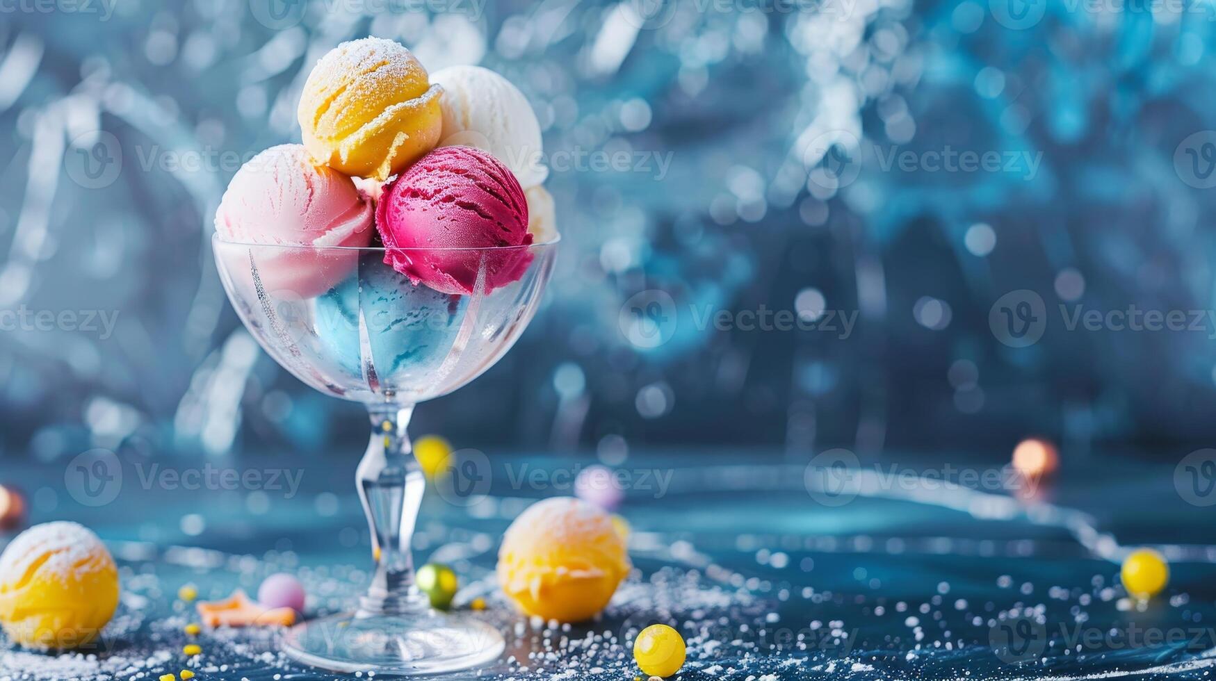 A bowl of ice cream with a variety of colors and a bunch of berries photo