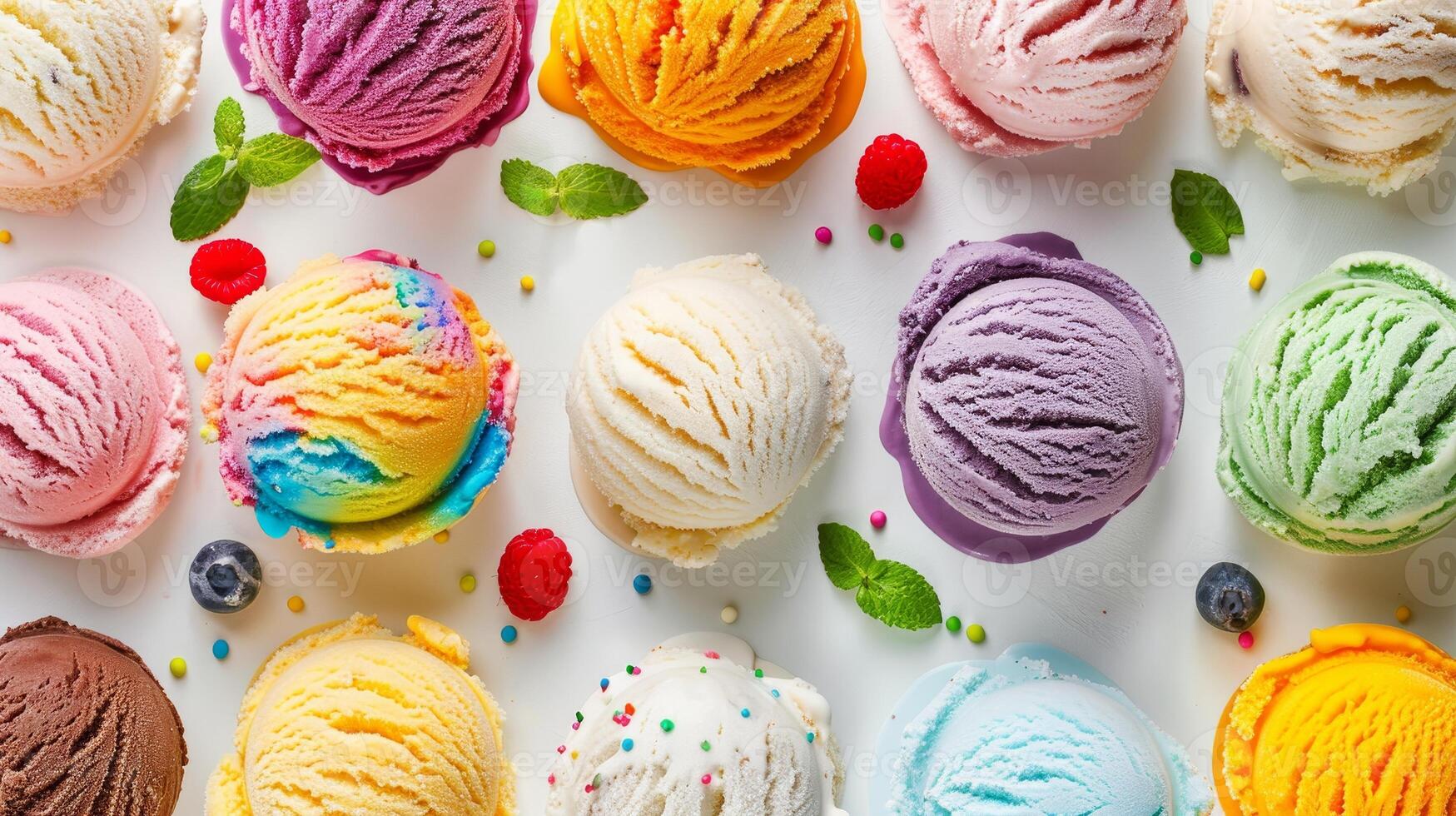 A row of colorful ice cream balls on a white background photo