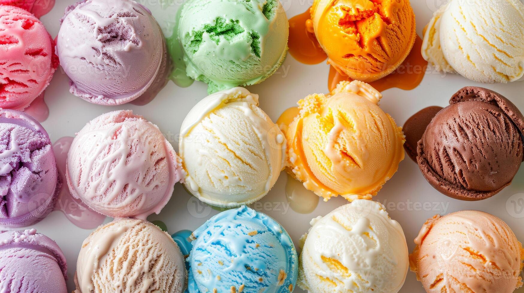 A row of colorful ice cream balls on a white background photo