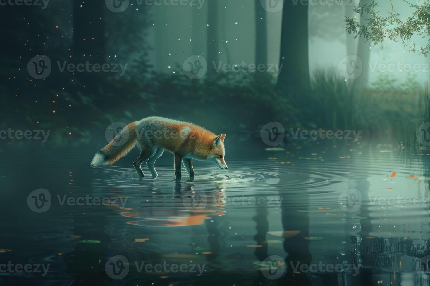 Nine tailed kitsune spirit walking across the top of a tranquil lake in a forests at night causing ripples to spread out photo