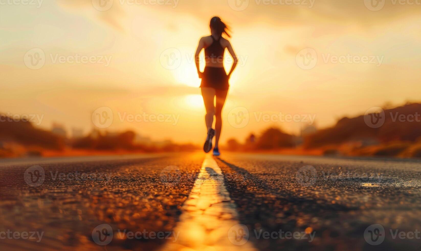 Determined Athlete Woman Running on Road at Sunrise for Cardio Workout and Marathon Training in Active Lifestyle photo