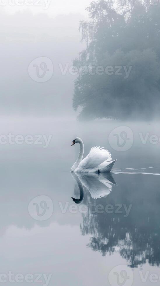 Serene Swan Majestic Bird Gliding Across Misty Lake in Tranquil Beauty photo