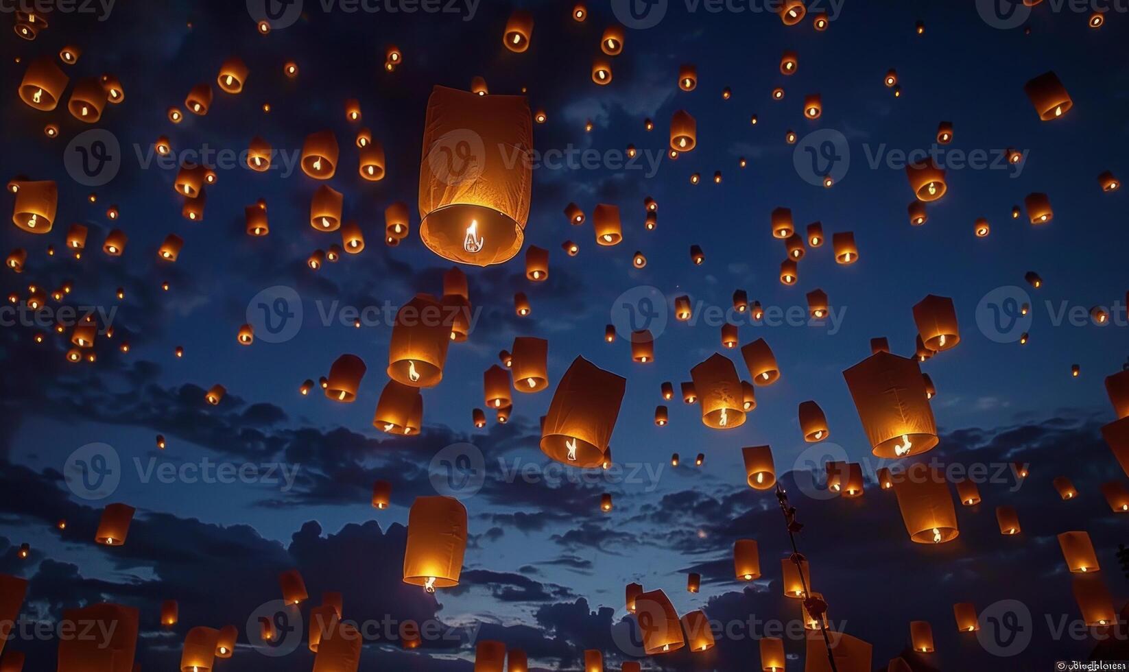 Illuminated Sky Lanterns Drifting in Evening Sky at Colorful Festival photo