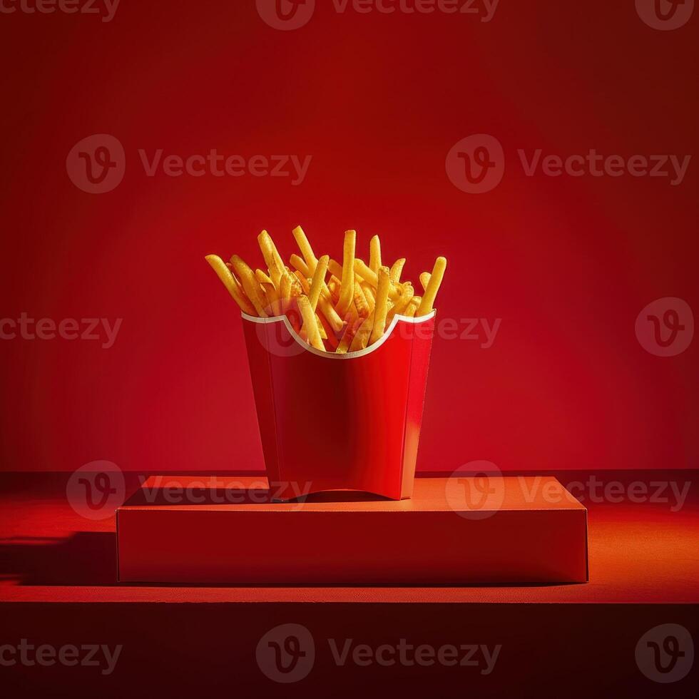 A box of very tasty pack French fries on a red background. photo