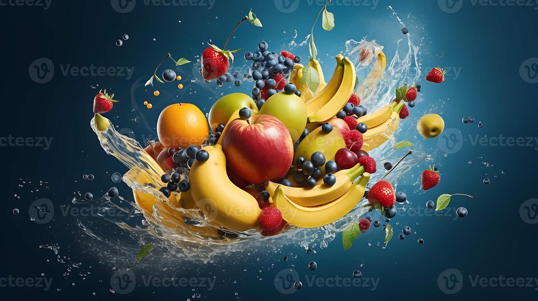 Fruit splashing out of a bowl with fruits on blue background. photo