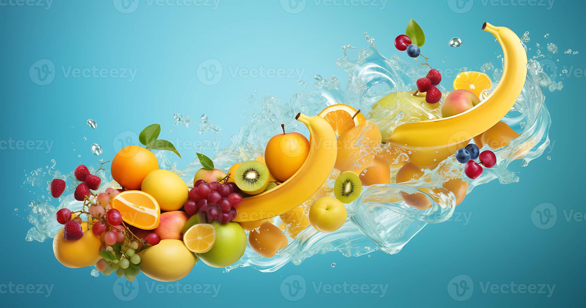 Fruit splashing out of a bowl with fruits on blue background. photo