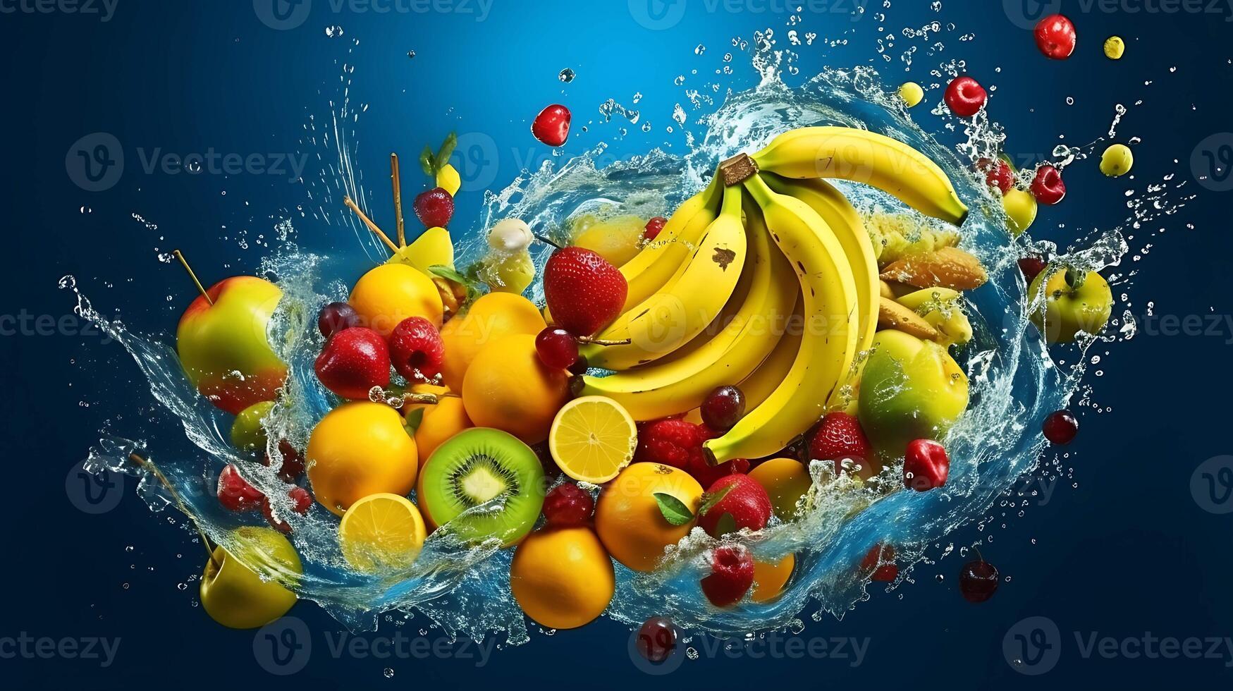 Fruit splashing out of a bowl with fruits on blue background. photo