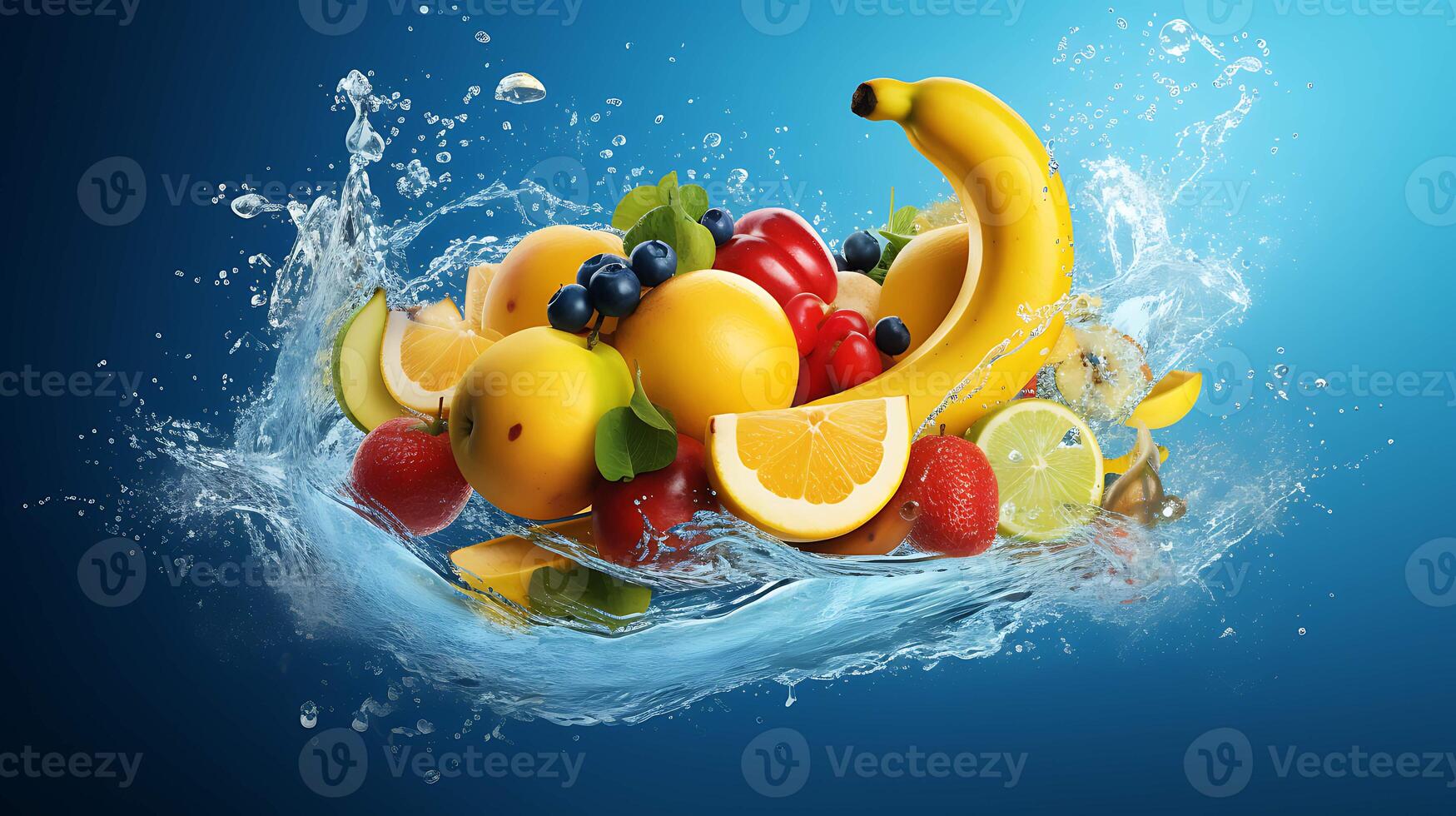 Fruit splashing out of a bowl with fruits on blue background. photo