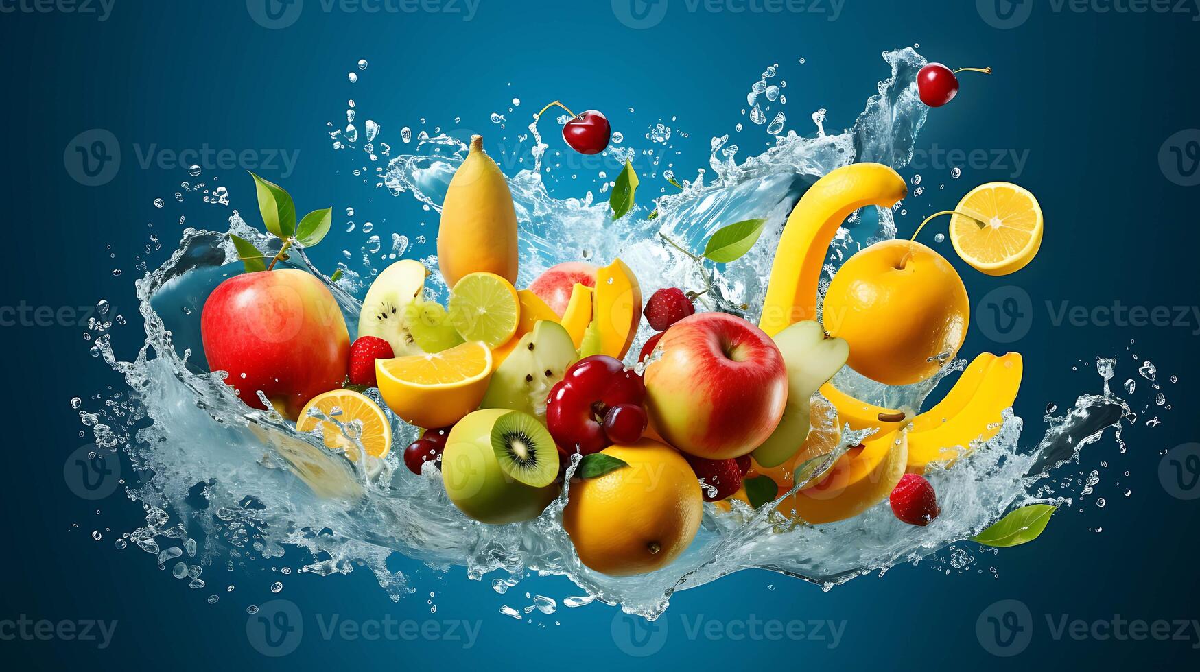 Fruit splashing out of a bowl with fruits on blue background. photo