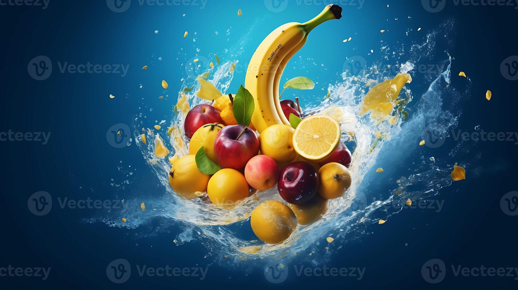 Fruit splashing out of a bowl with fruits on blue background. photo