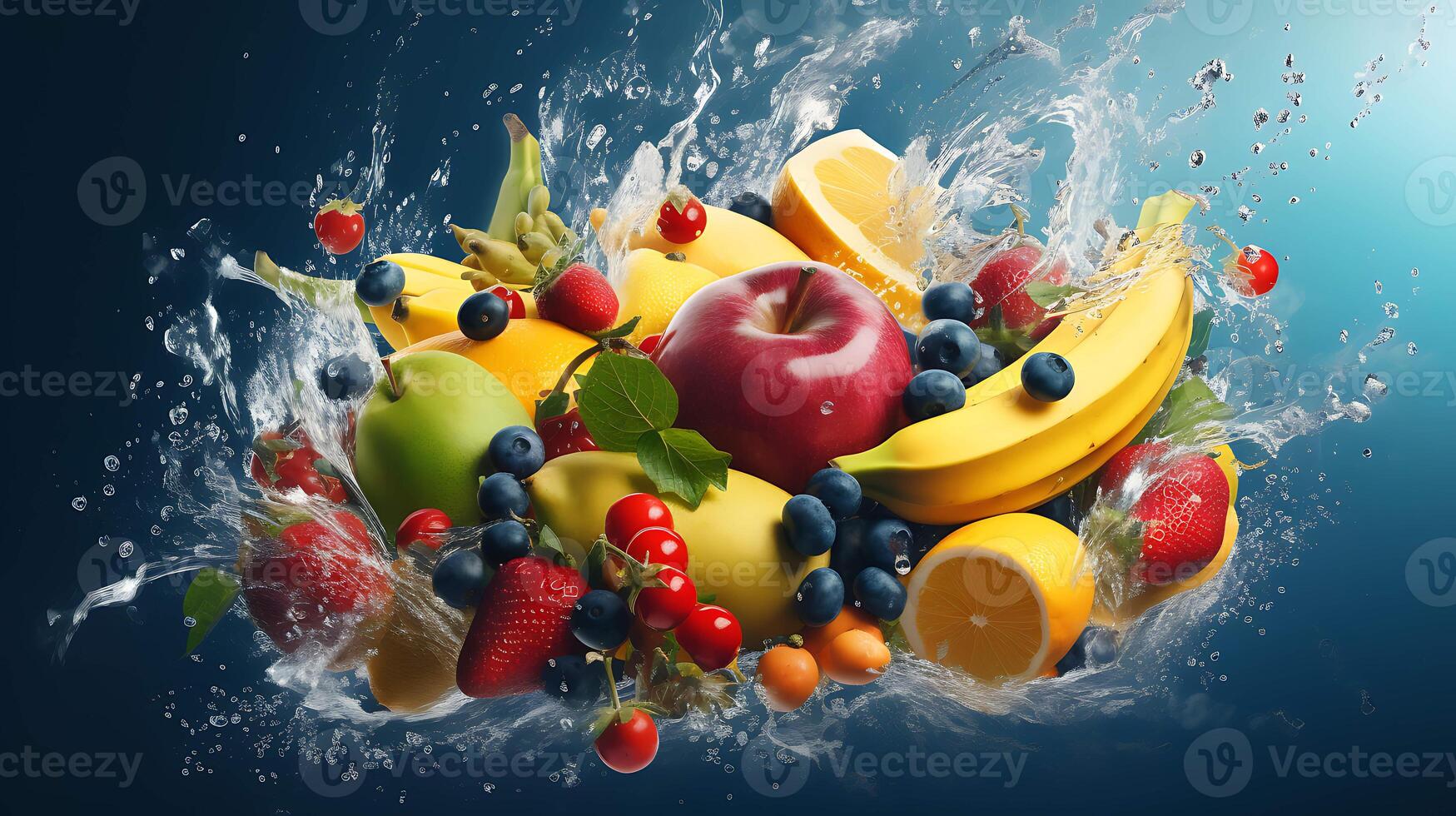 Fruit splashing out of a bowl with fruits on blue background. photo
