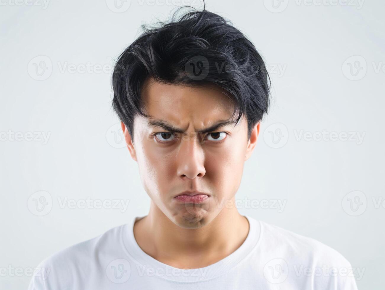 Young Man in White Shirt with Intense Angry Expression on Light Gray Background photo