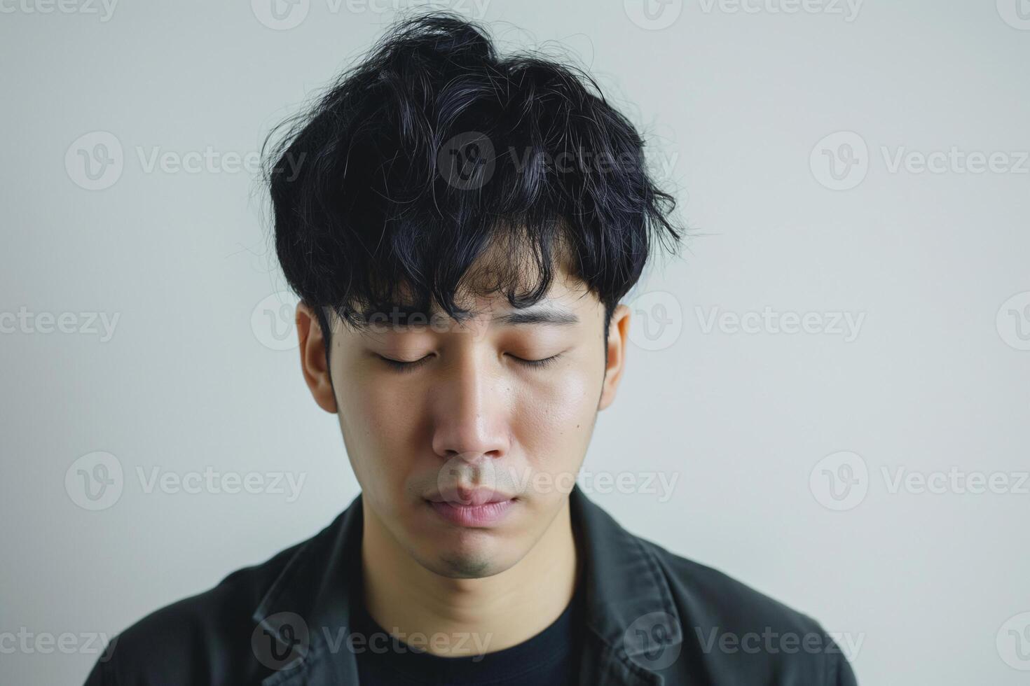 Thoughtful Young Asian Man with Closed Eyes in Contemplation, Wearing Casual Black Jacket photo