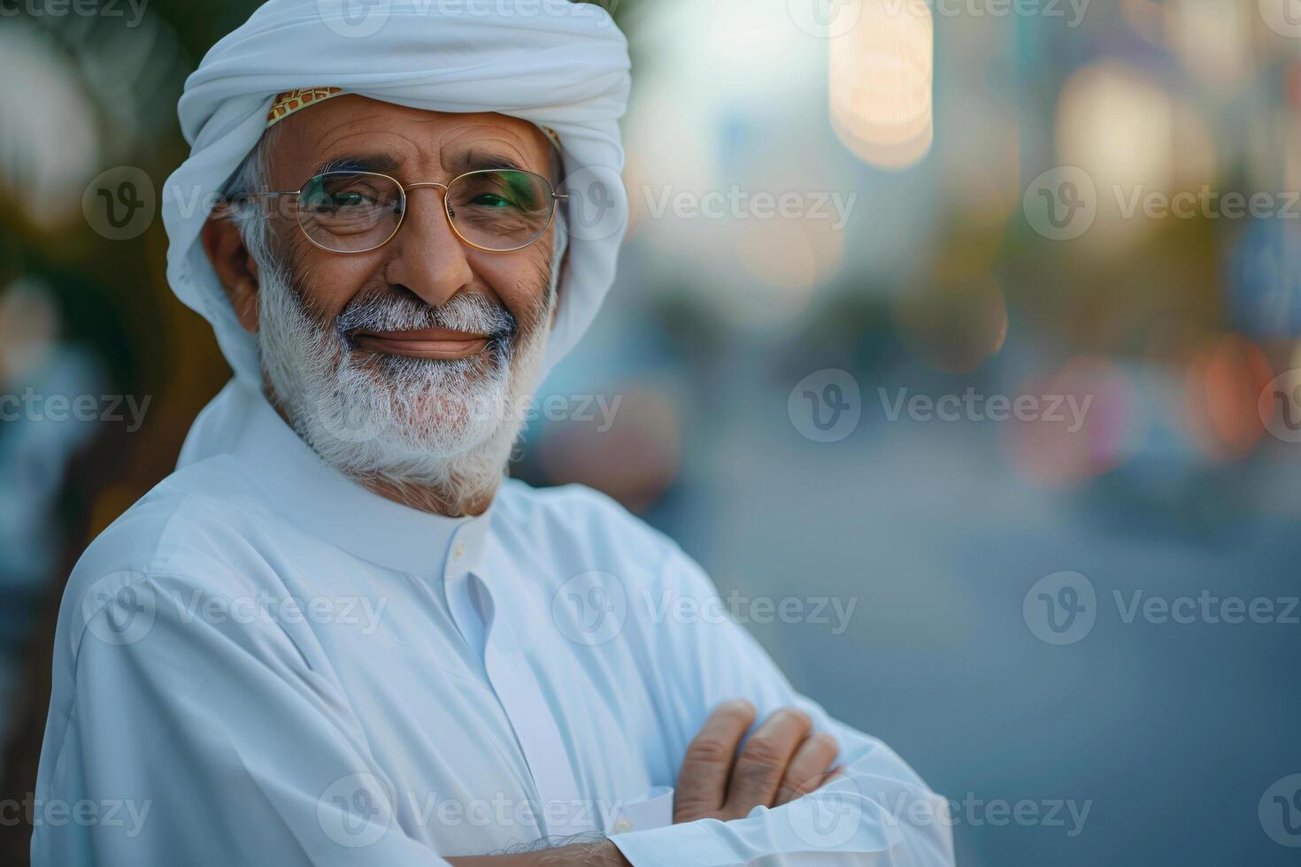 Confident Elderly Arab Man with Glasses in Traditional Clothing Standing Indoors photo