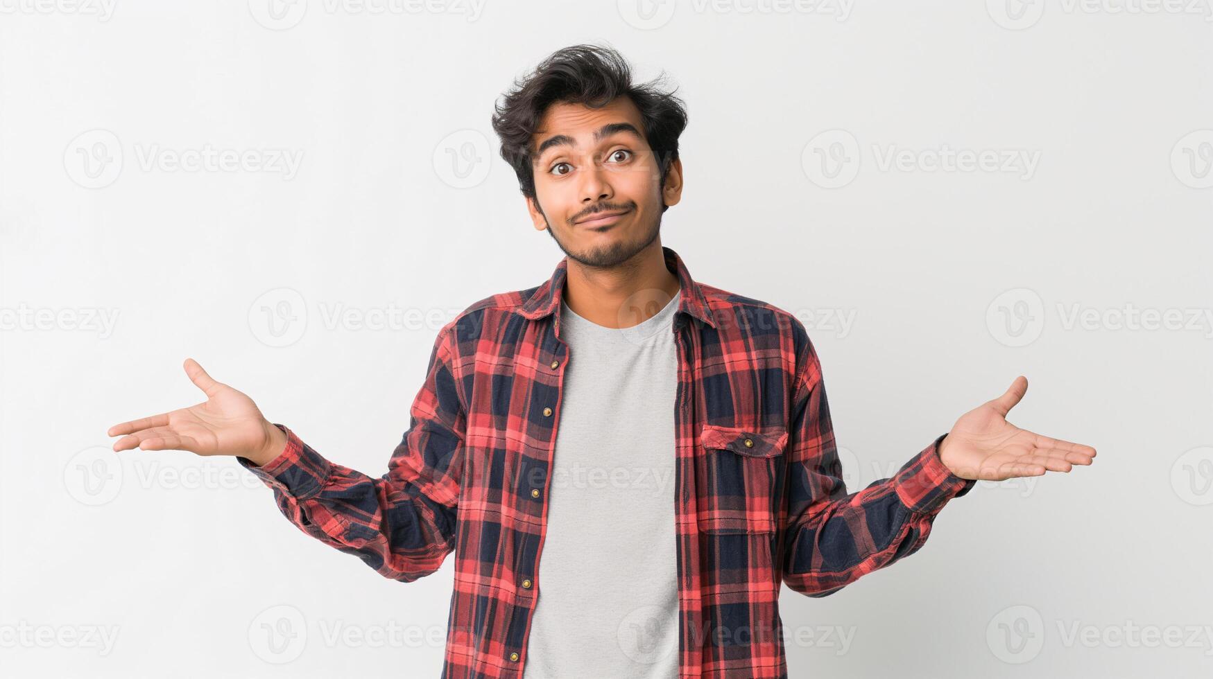 Young Man with Beard in Red Plaid Shirt Shrugging with a Confused Expression in Studio photo