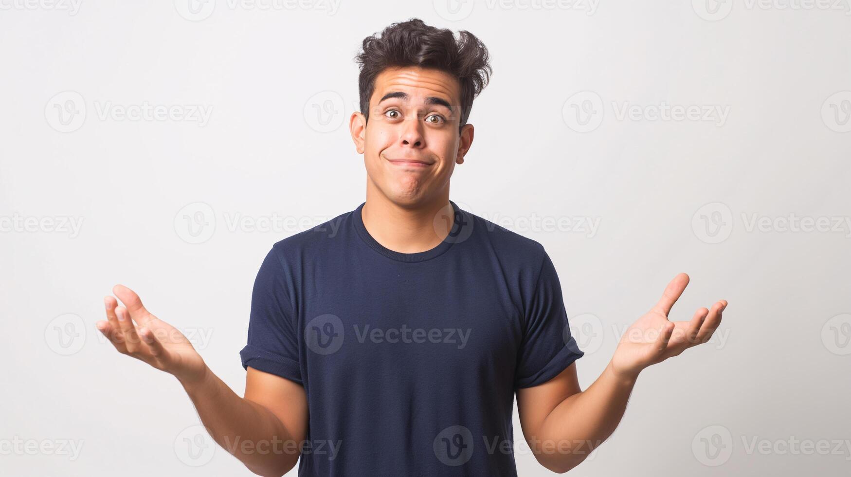 Young Hispanic Man Shrugging Shoulders with Confused Expression in Casual Blue Shirt photo