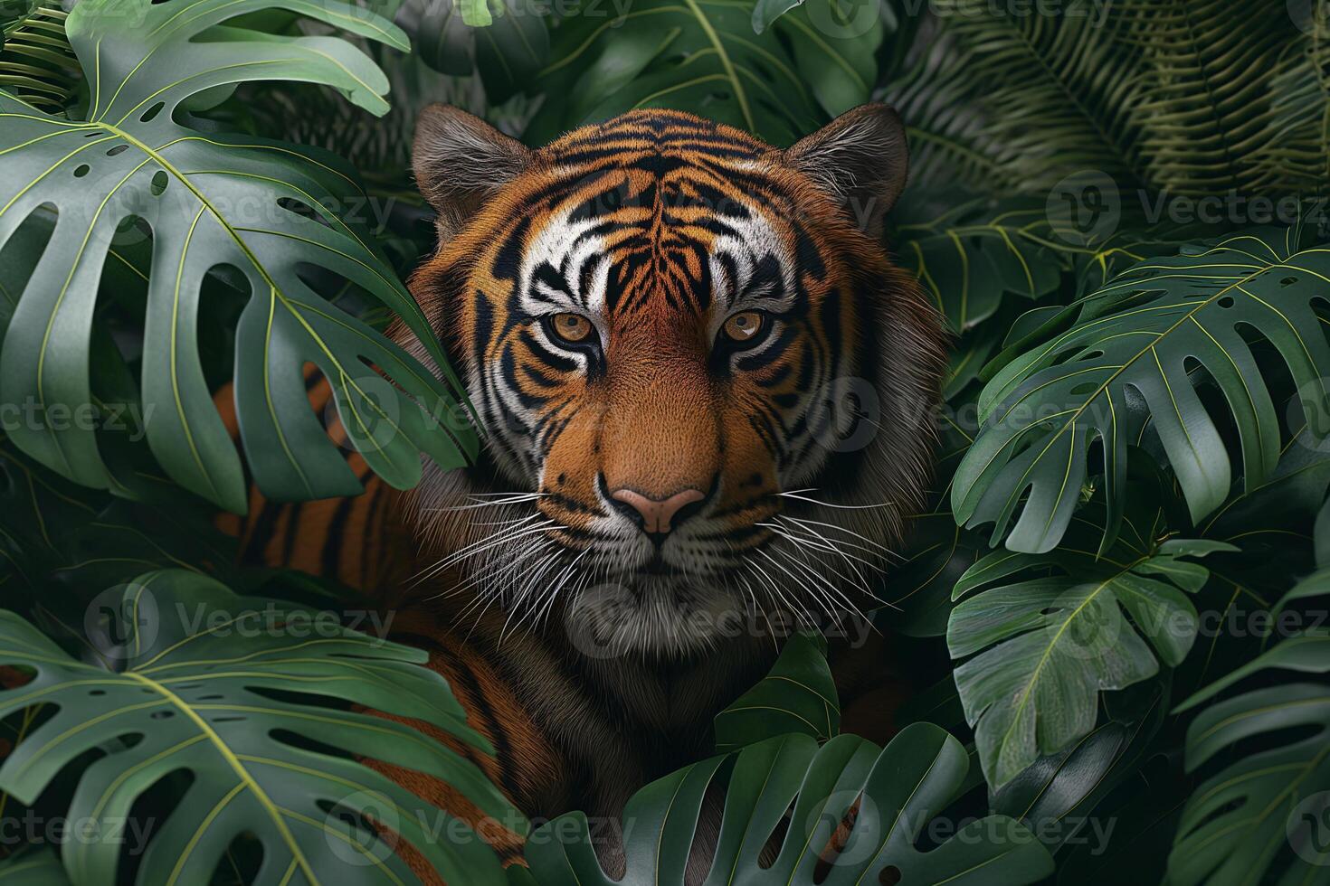 Bengal Tiger Peering Through Large Green Leaves in a Dense Jungle Setting photo