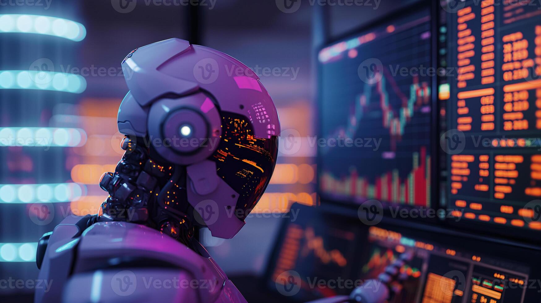 Advanced AI Robot Analyzing Financial Data on Multiple Screens in a Futuristic Setting photo