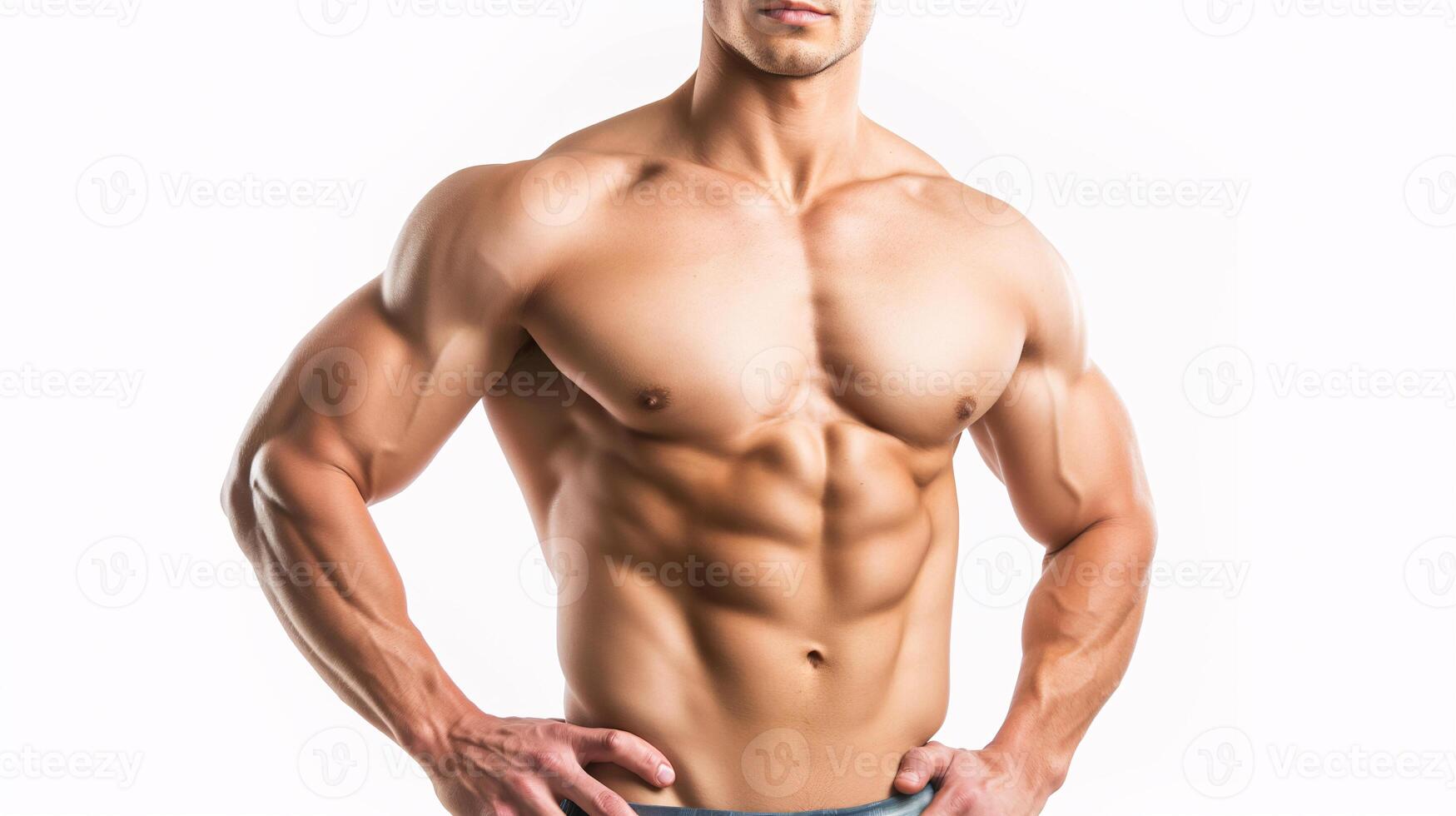 Close-Up of Muscular Caucasian Man's Torso with Defined Abs and Arms photo