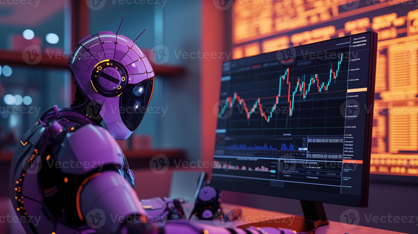Advanced AI Robot Analyzing Financial Data on Multiple Screens in a Futuristic Setting photo
